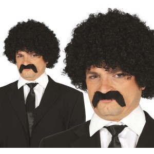 Peluca rizos negra con bigote (en caja)
