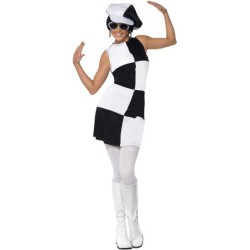 Disfraz mujer de fiesta chica años 60, negro y blanco, con vestido y sombrero