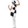 Disfraz mujer de fiesta chica años 60, negro y blanco, con vestido y sombrero
