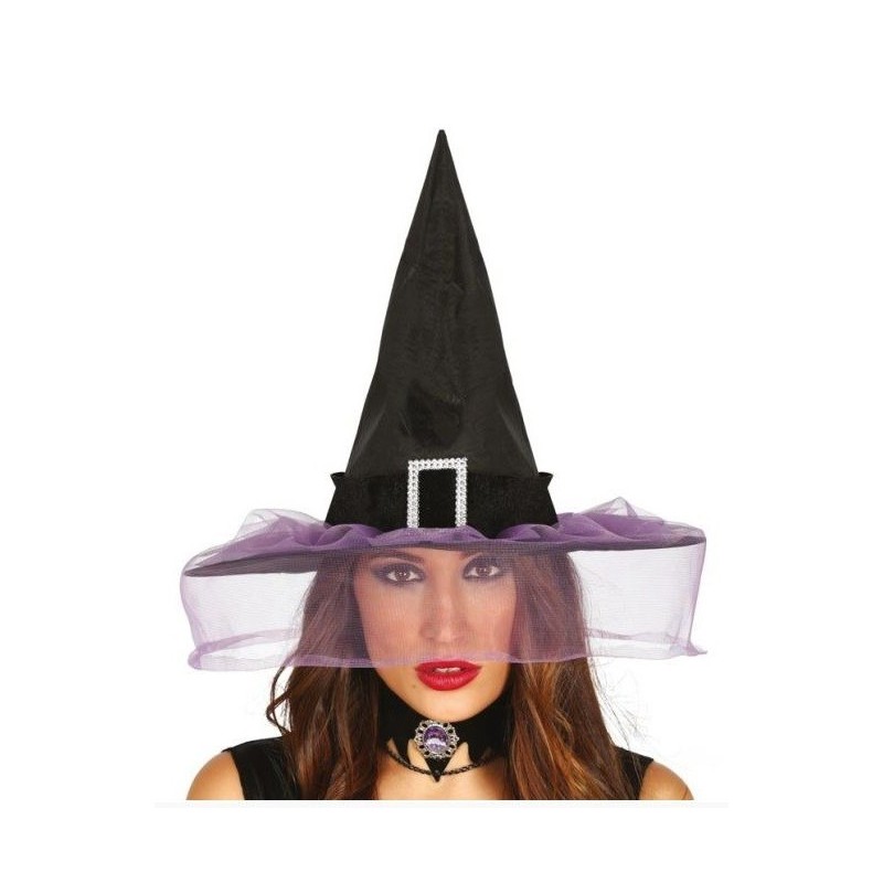 Sombrero bruja negro con velo morado