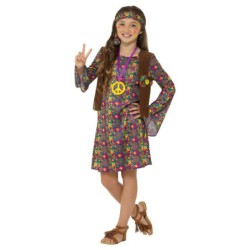 Disfraz niña Hippie, Varios Colores, Vestido con Chaleco, Diadema y Medallon