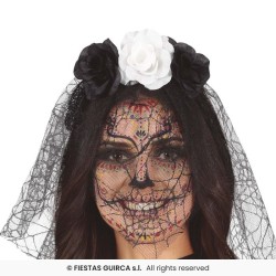 Diadema flores con velo negro y blanco