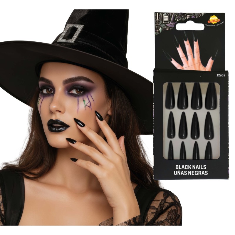 12 uñas negras con adhesivo