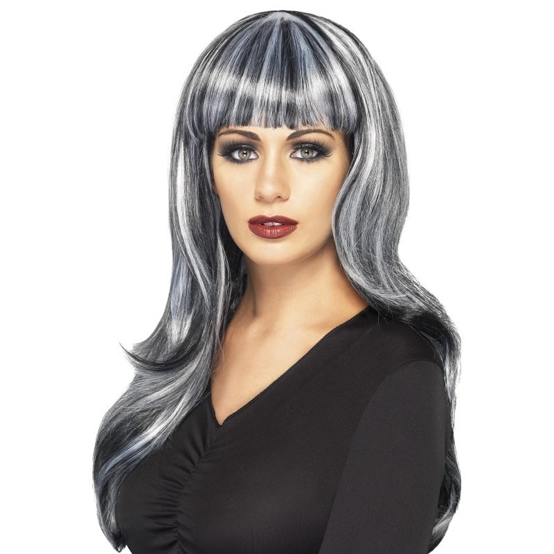 Peluca de sirena siniestra, negra, larga, con flequillo y mechones grises