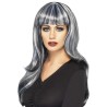 Peluca de sirena siniestra, negra, larga, con flequillo y mechones grises