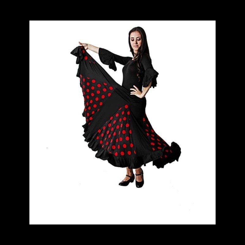 Falda sevillana negra con topos rojos